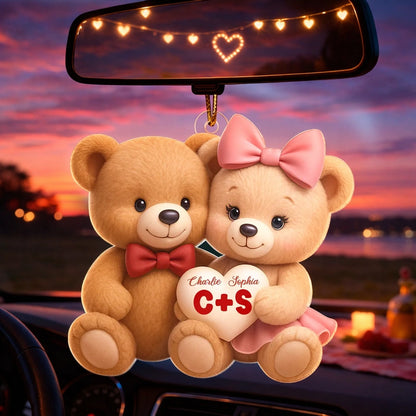 Cute Teddy Bear Couple Acrylic Car Hanger - Personalized Rearview Mirror Decoration, Sweet Anniversary Gift