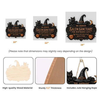 Personalized Wooden Sign with Vampire Cat, Witch Hat & Glowing Pumpkins, Unique Halloween Gift for Cat Lovers