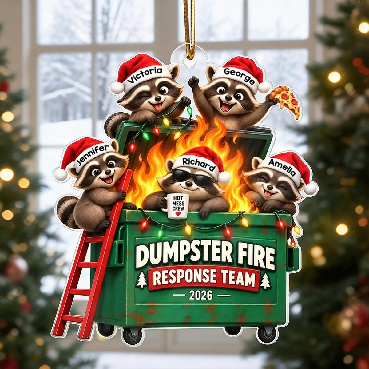 Personalized Acrylic Ornament, Raccoons Tackling a Dumpster Fire, Unique Funny Christmas Gift for Coworkers