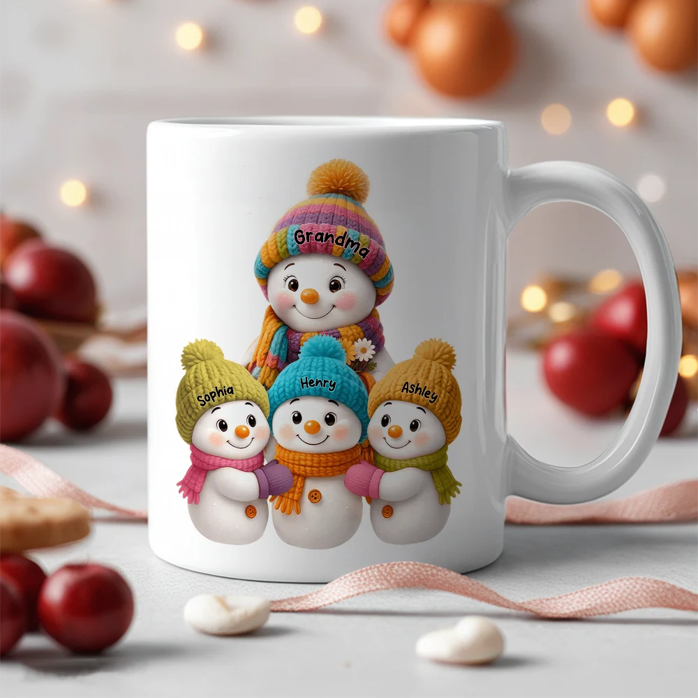 Personalized Mug with Colorful Snowman Family Gathered Together, Christmas Scene, Unique Gift for Grandma
