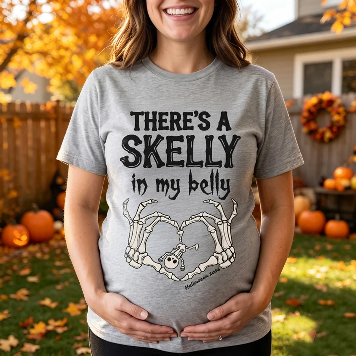 Classic Tee, There's A Skelly In My Belly Pregnancy Reveal, Personalized Creative Gift for Mom-to-Be