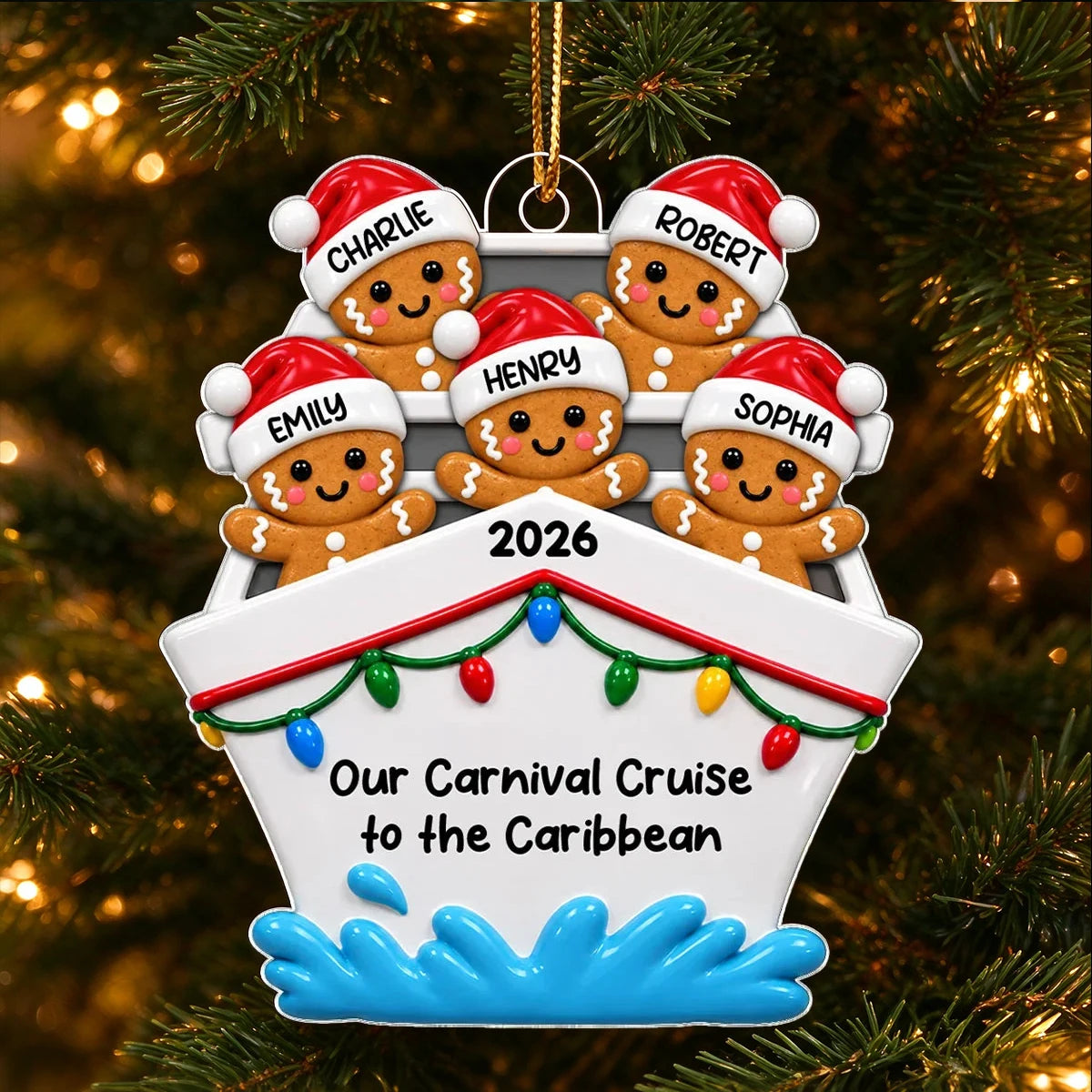 Personalized Acrylic Ornament, Gingerbread Group Aboard a Festive Cruise Ship, Unique Gift for Family