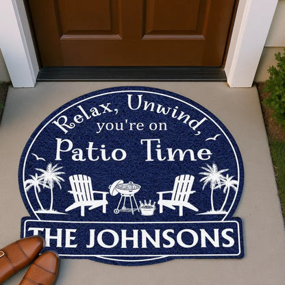 Personalized Shaped Doormat, Patio Time Design With Chairs & Palms, Unique Gift for Family