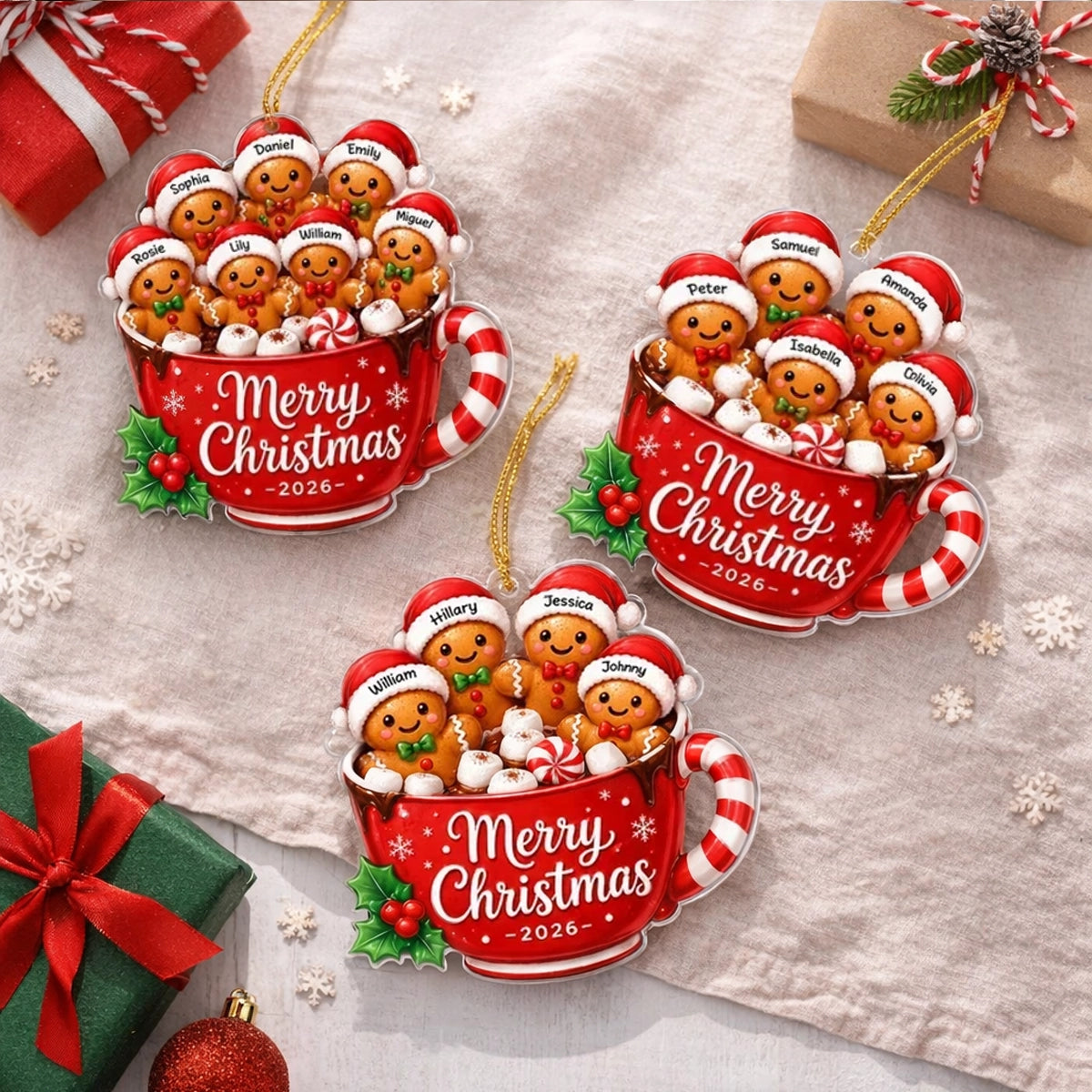 Personalized Acrylic Ornament, Gingerbread Family in Red Cocoa Mug, Unique Christmas Gift for Family