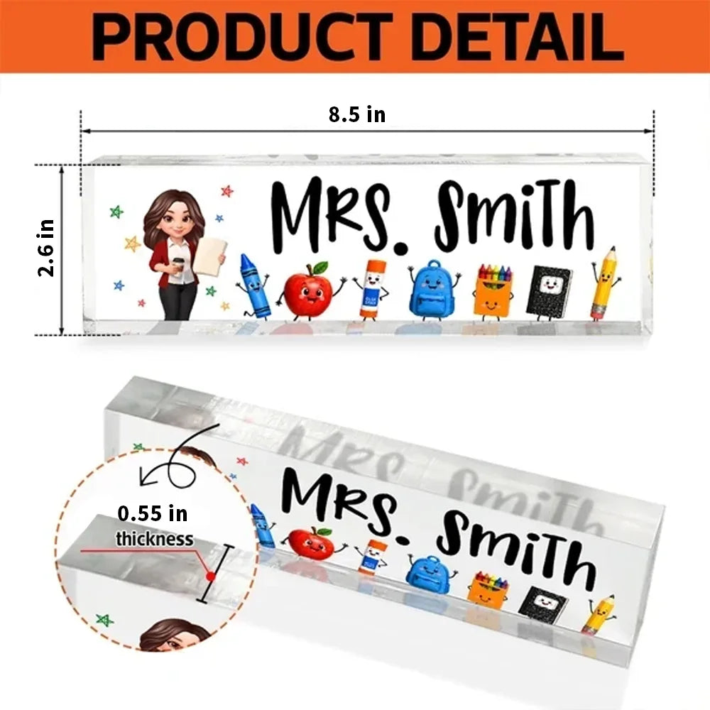 Personalized Rectangle Acrylic Block Plaque, Teacher Holding Coffee, Colorful School Supplies, Unique Teacher Gift