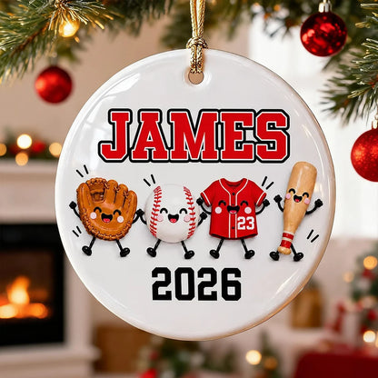 Personalized Ceramic Ornament with Cute Baseball Gear, Unique Christmas Gift for Players and Baseball Fans