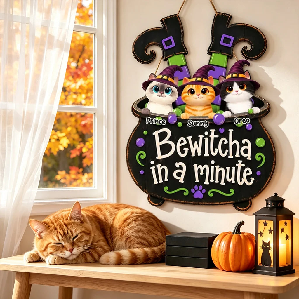 Bewitcha in a Minute Personalized Wooden Sign, Playful Witch Cats, Creative Halloween Gift for Cat Lovers