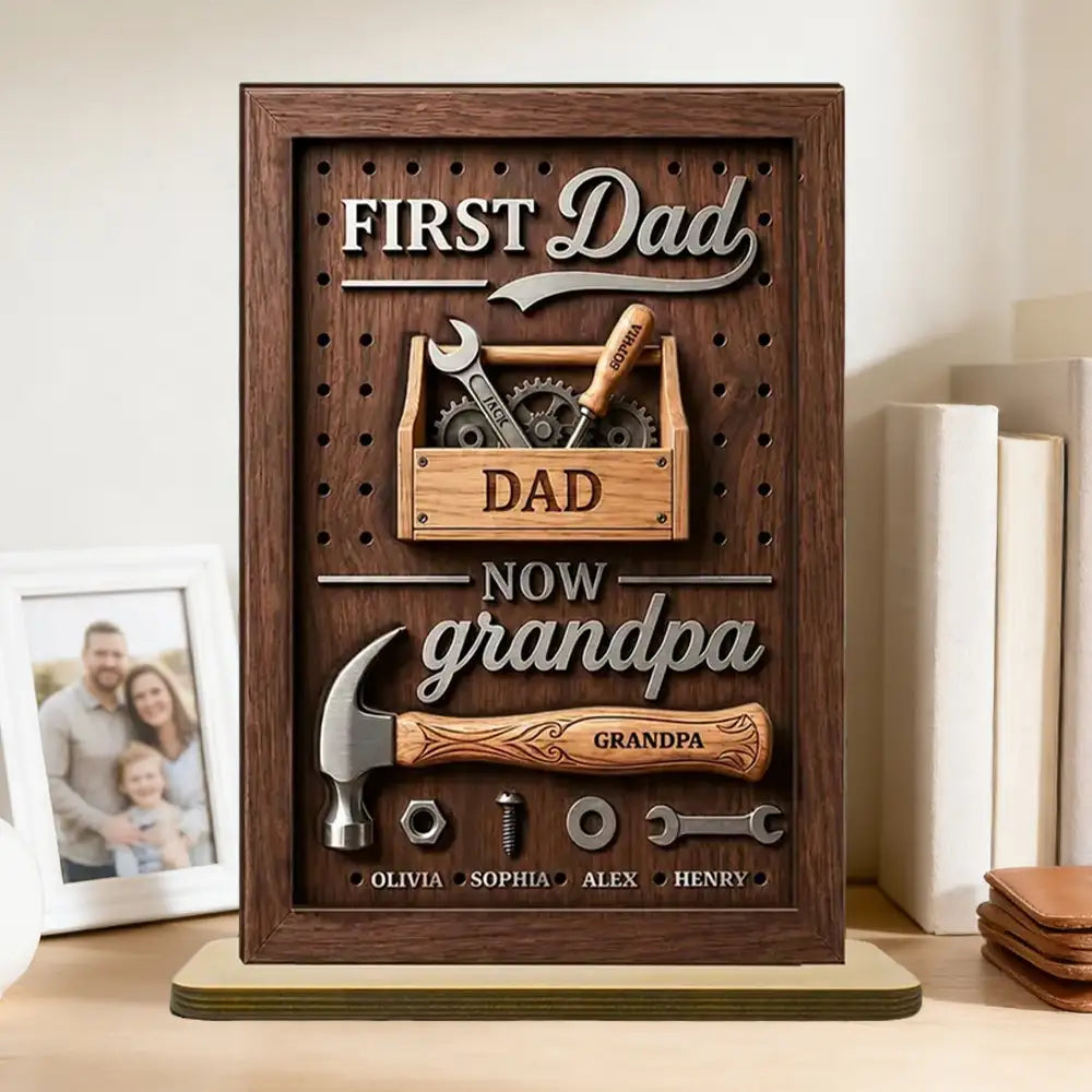 2-Layer Wooden Plaque Personalized First Dad Now Grandpa Tool Box Gift for Dad, Unique Grandpa Keepsake