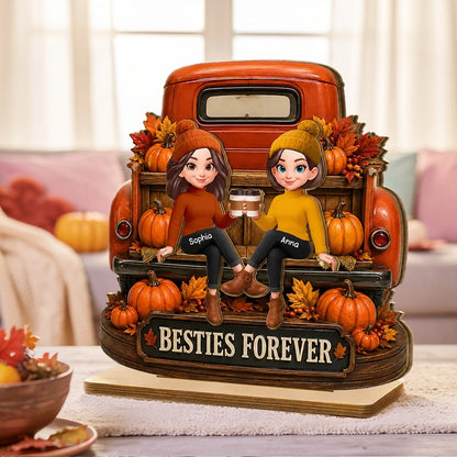 Personalized 2-Layer Wooden Plaque, Fall Truck Besties Forever, Unique Gift for Friend