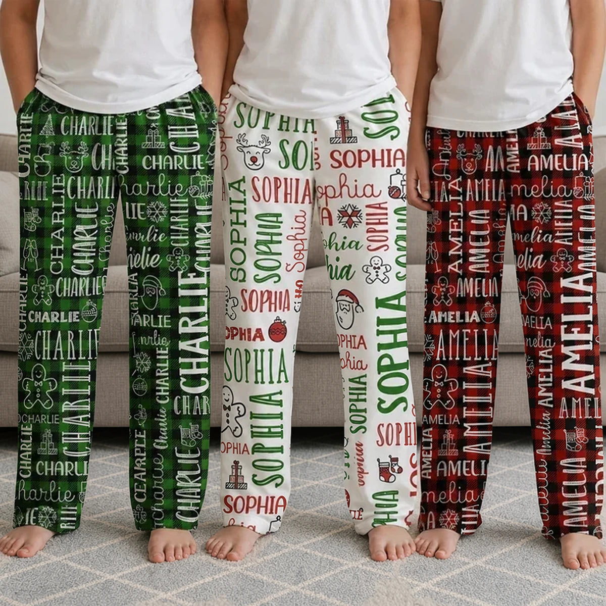 Personalized Printed Lounge Pants with Festive Pattern for Kids Standing Together, Creative Family Gift