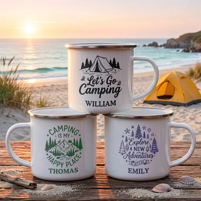 Enamel Mug for Campers, Explore New Adventures Design, Unique Creative Gift for Outdoor Friends