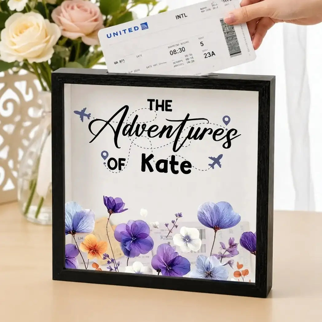 Personalized Wooden Ticket Keepsake Box with Birth Flower Style Travel Art, Unique Gift for Travel Lover