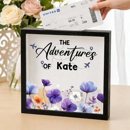Personalized Wooden Ticket Keepsake Box with Birth Flower Style Travel Art, Unique Gift for Travel Lover