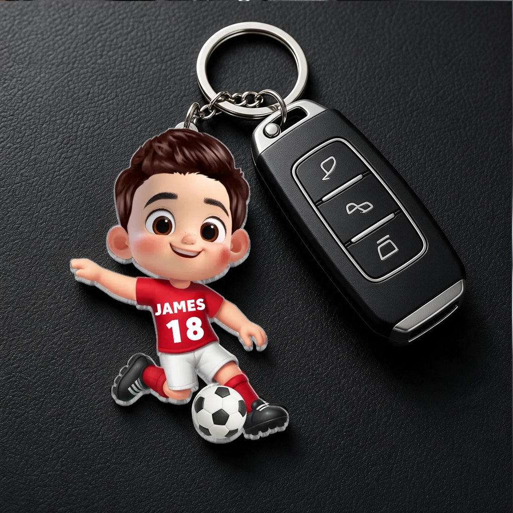 Soccer Kid Acrylic Keychain, Smiling Player With Ball, Unique Gift for Kids & Soccer Fans