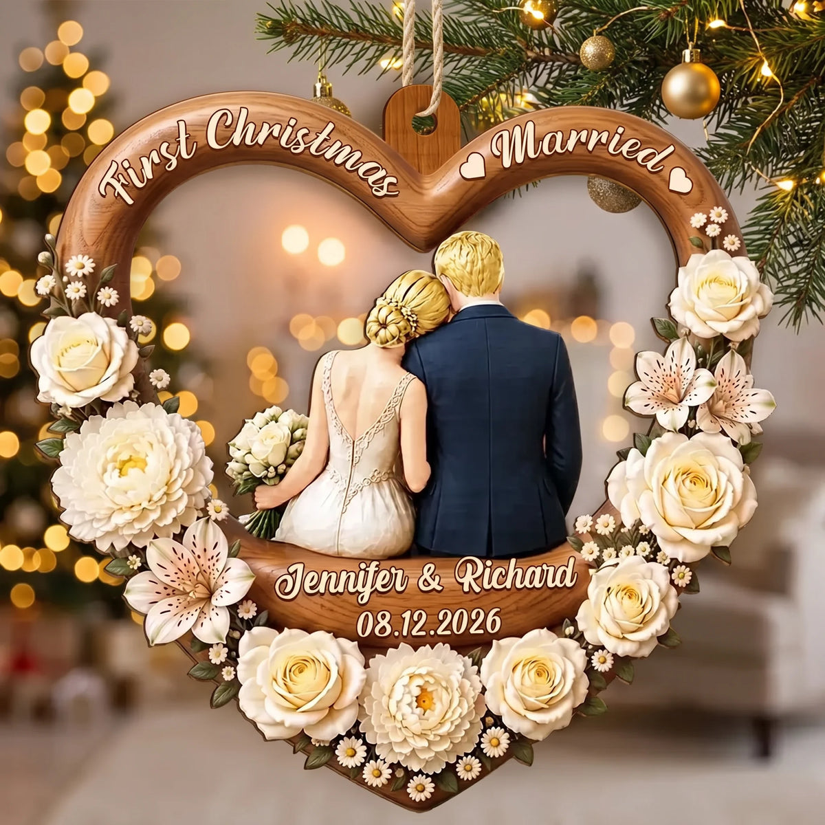 First Christmas Married Wooden Ornament, Seated Bride & Groom From Behind by a Glowing Tree, Creative Gift for Newlyweds