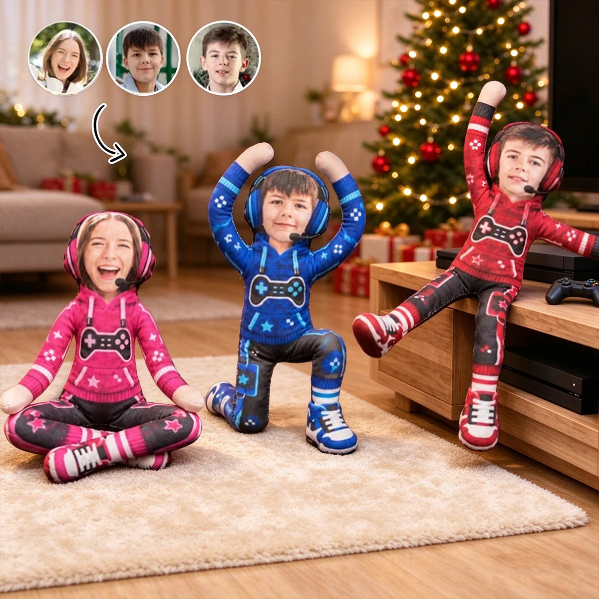 Personalized Photo Squishy Plush Doll, Gamer Pose in a Cozy Gaming Room, Unique Christmas Gift for Kids