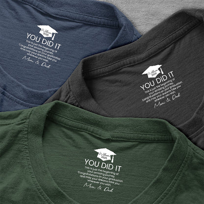 Graduation Cap Classic Tee with You Did It Message, Personalized Keepsake Shirt, Heartfelt Gift from Mom