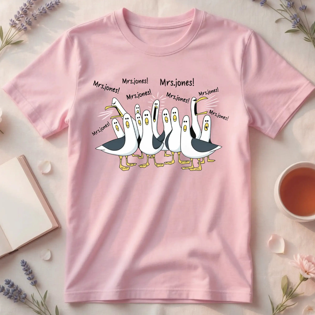 Personalized Classic Tee with Funny Seagulls, Unique Teacher Appreciation Gift in Vibrant Pink