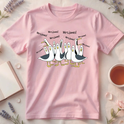 Personalized Classic Tee with Funny Seagulls, Unique Teacher Appreciation Gift in Vibrant Pink