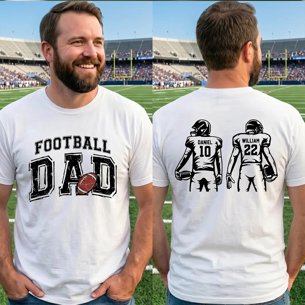 Football Dad Dual Print Classic Tee, Personalized Game Day Shirt with Custom Players on Back, Heartwarming Gift for Dad