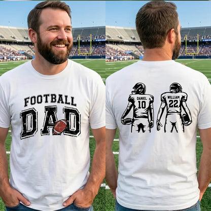 Football Dad Dual Print Classic Tee, Personalized Game Day Shirt with Custom Players on Back, Heartwarming Gift for Dad