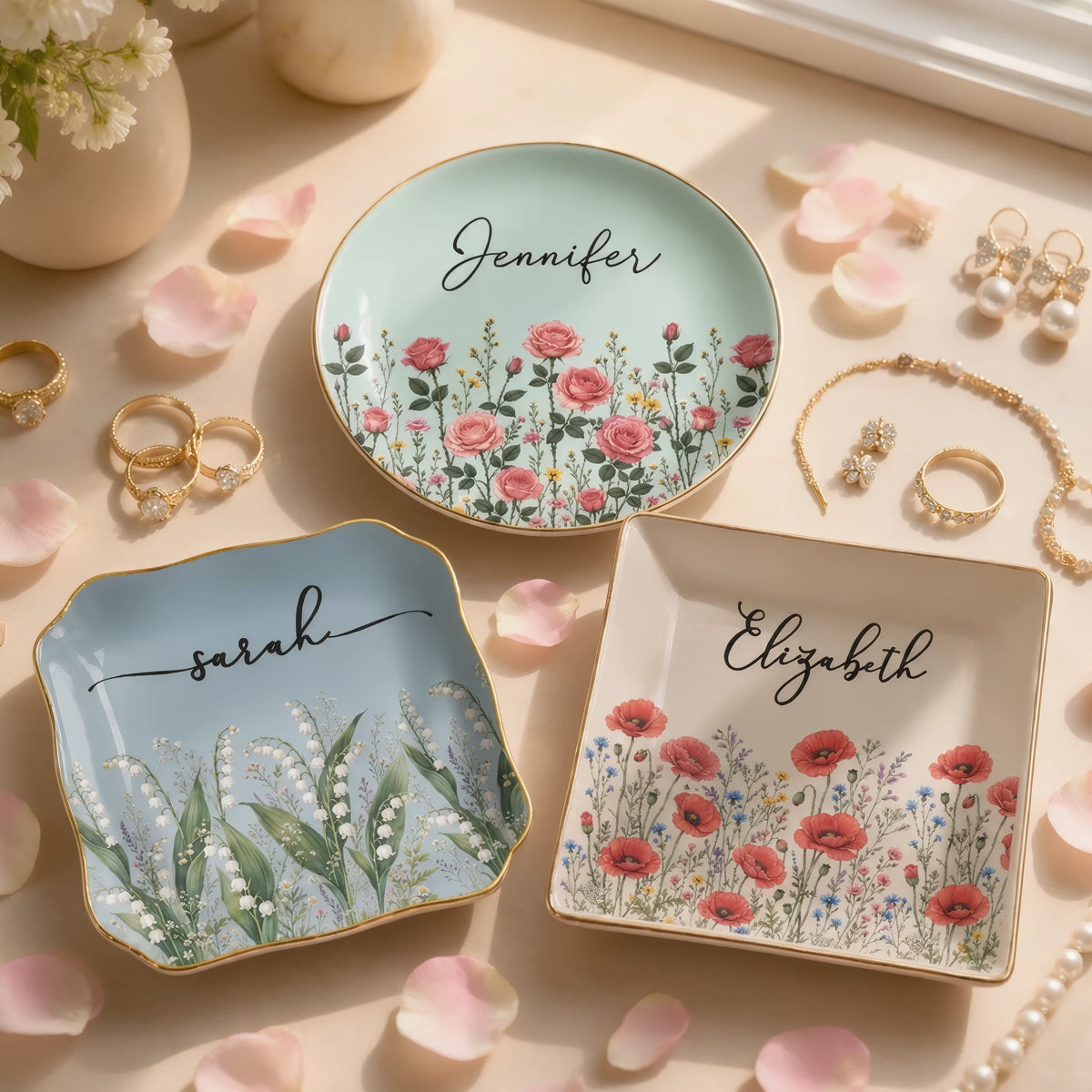Personalized Jewelry Dish with Pastel Floral Art and Script, Unique Gift for Sister, Friend or Daughter