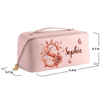 Personalized Leather Makeup Bag, Blush Rose and Butterfly Design, Unique Gift for Her