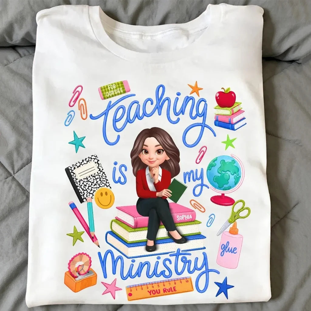 Personalized Teaching Is My Ministry Classic Tee, Creative Teacher Gift With Bright Classroom Art