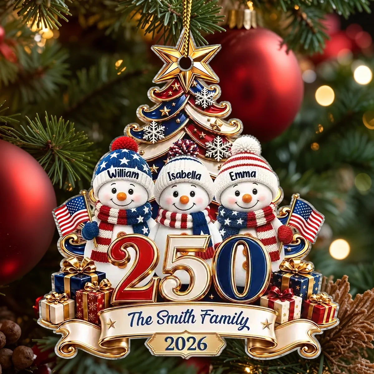 Personalized USA 250th Anniversary Snowman Family Ornament, Custom Names & Year, 1776–2026 Patriotic Christmas Keepsake