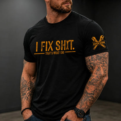 Funny Custom Dual Print Classic Tee With Wrench Sleeve Art, Creative Gift For Handy Grandpa & Dad
