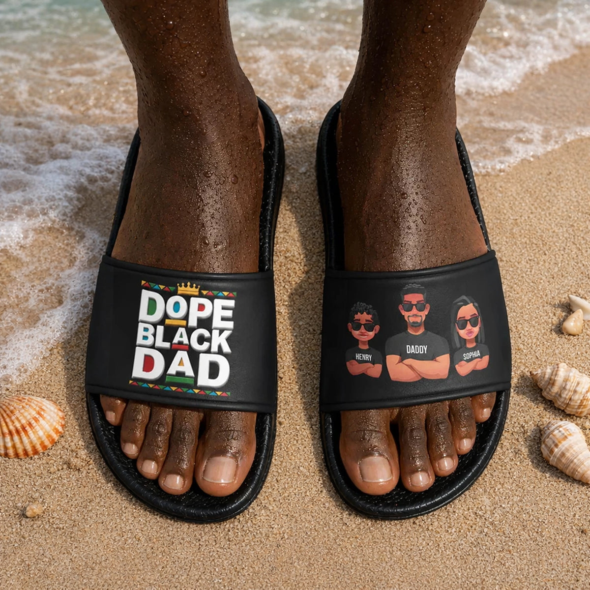 Personalized Men's Slide Sandals, Dope Black Dad Cartoon Beach Unique Gift for Dad