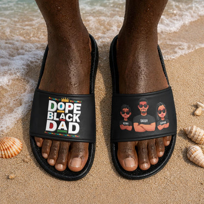 Personalized Men's Slide Sandals, Dope Black Dad Cartoon Beach Unique Gift for Dad