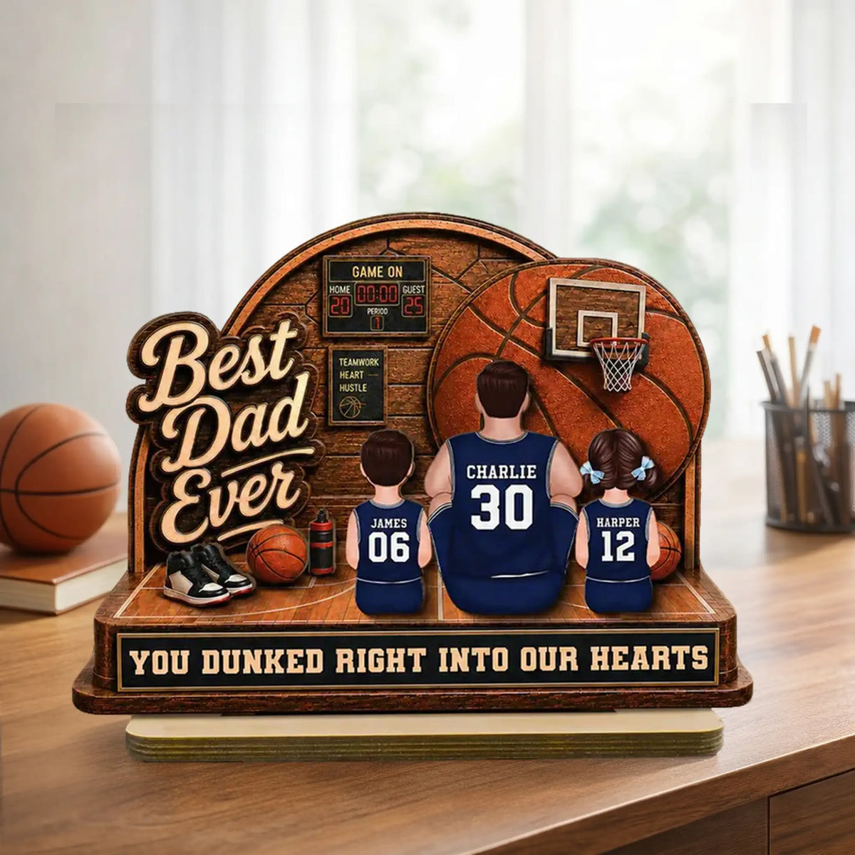 Personalized 2-Layer Wooden Plaque, Basketball Dad & Kids Back-View, Unique Creative Gift for Dad