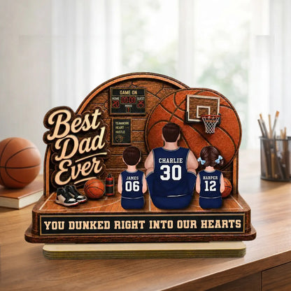 Personalized 2-Layer Wooden Plaque, Basketball Dad & Kids Back-View, Unique Creative Gift for Dad