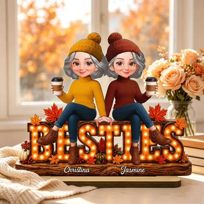 Personalized 2-Layer Wooden Plaque, Friends Holding Coffee in Autumn, Unique Gift for Best Friends
