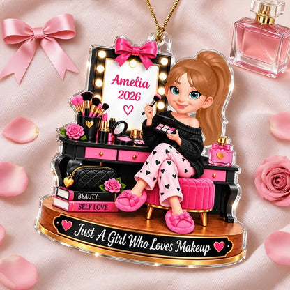 Personalized Acrylic Ornament, Girl Applying Makeup at a Pink Vanity, Unique Christmas Gift for a Daughter