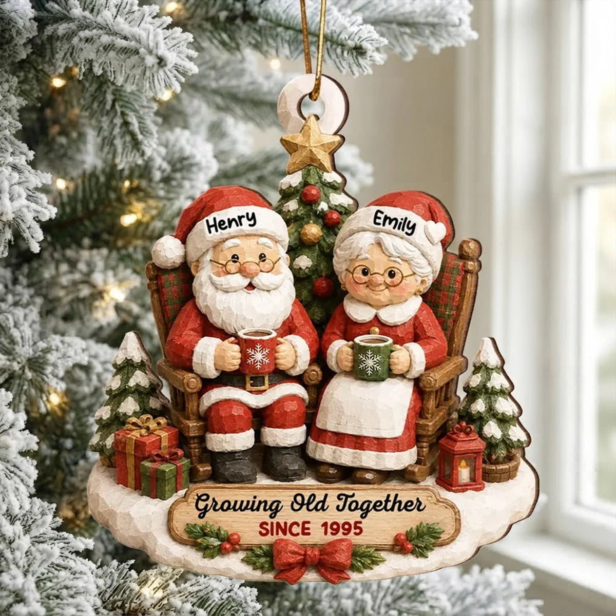 Personalized Wooden Ornament, Rustic Santa Couple Holding Mugs by a Christmas Tree, Unique Gift for Couples