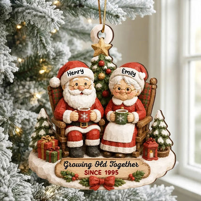 Personalized Wooden Ornament, Rustic Santa Couple Holding Mugs by a Christmas Tree, Unique Gift for Couples