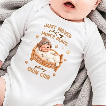 Personalized Short Sleeve Baby Onesie, Winking Baby in a Warm Crib Scene, Creative Baby Shower Gift for New Parents
