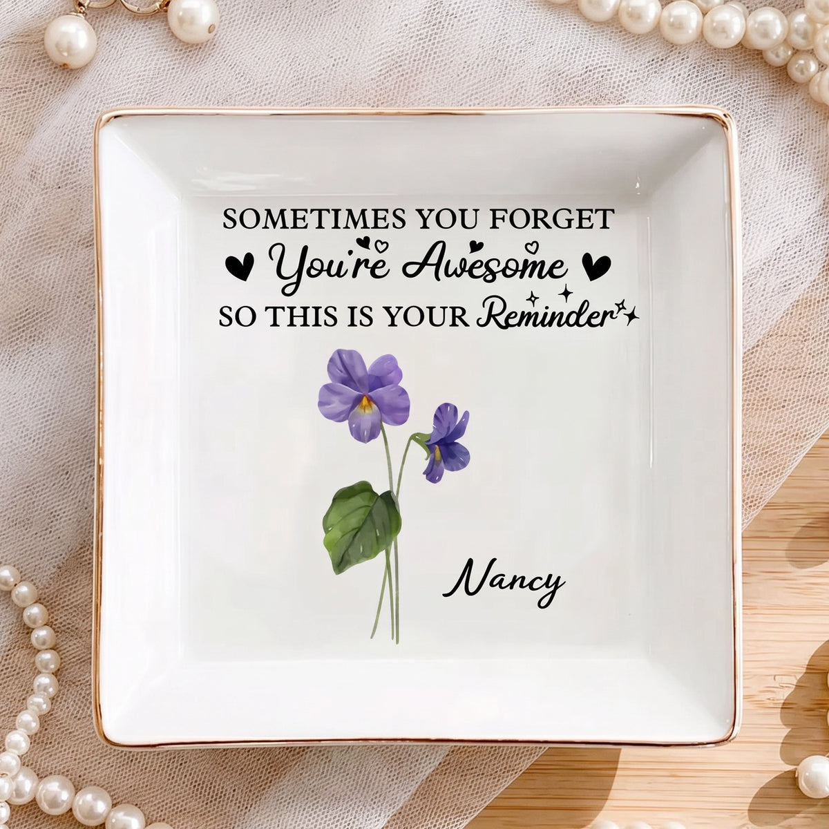 Personalized Jewelry Dish, You Are Awesome Reminder, Purple Floral Vanity Decor, Unique Gift for Her