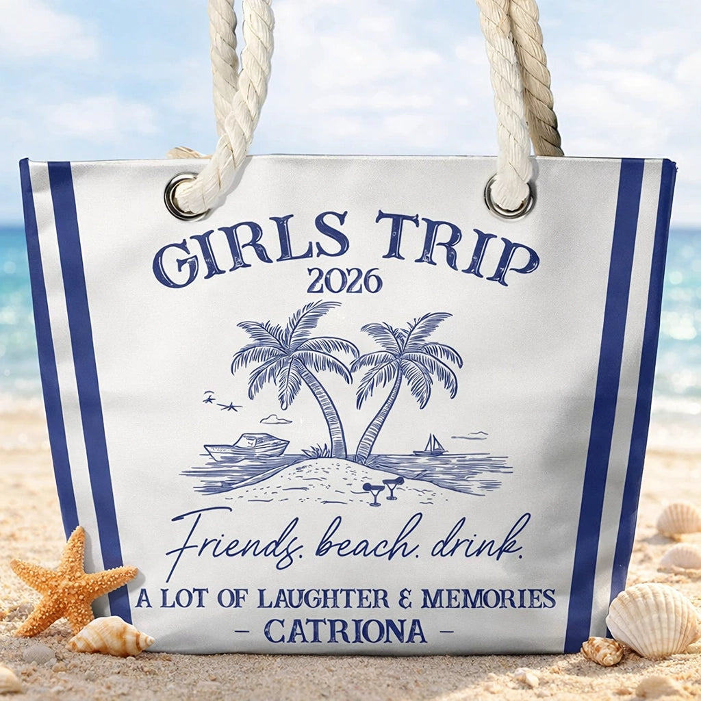 Rope Handle Canvas Bag for Girls Trip, Personalized Beach Getaway Design, A Lot of Laughter & Memories Gift
