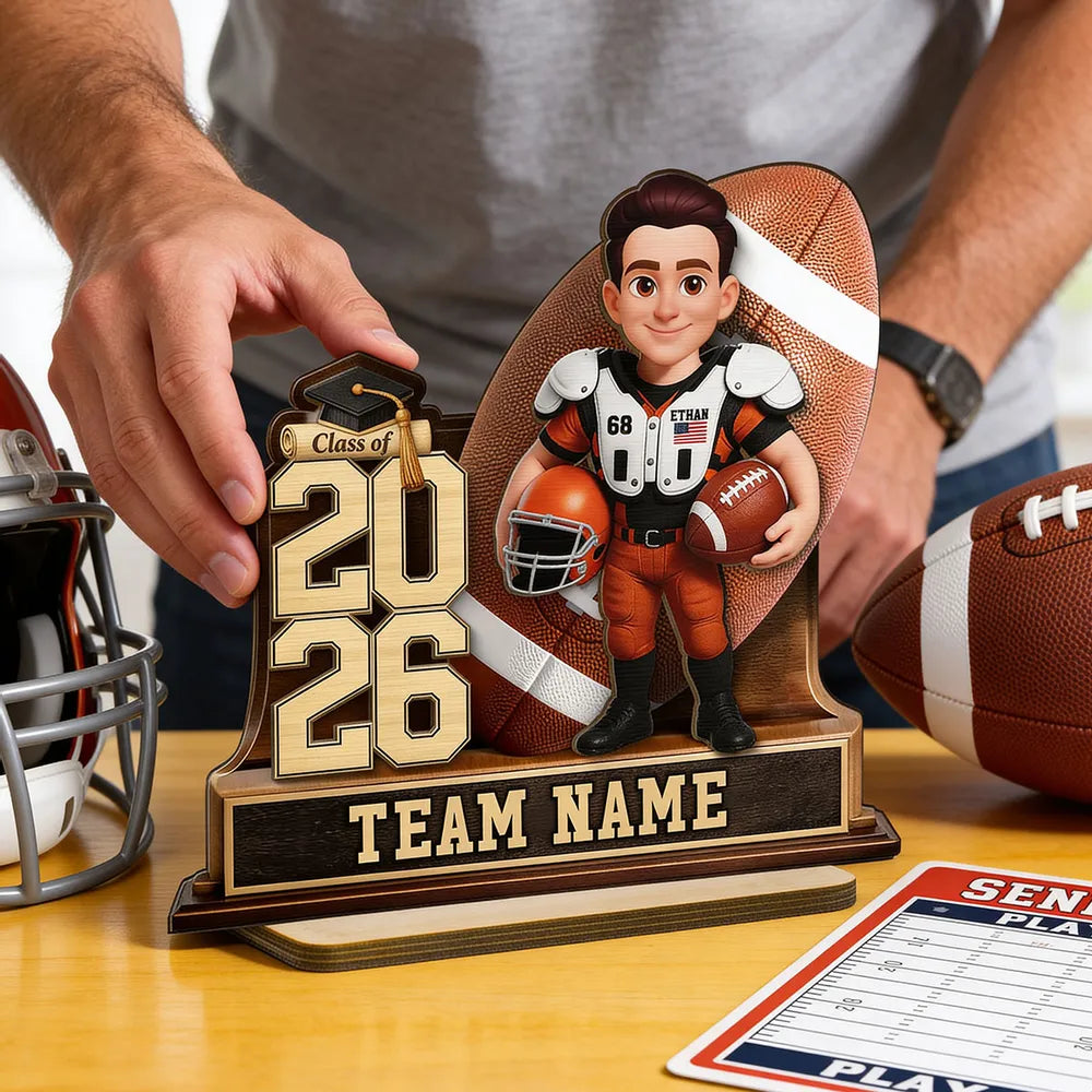 Custom Class Football Player 2-Layer Wooden Plaque, Warm Sports Memory Desk Decor, Thoughtful Gift for Graduates