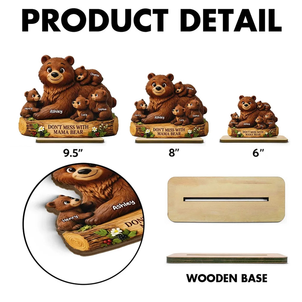 Personalized 2-Layer Wooden Plaque Mama Bear With Cubs, Unique Mother's Day Gift for Mom, Warm Family Keepsake Decor