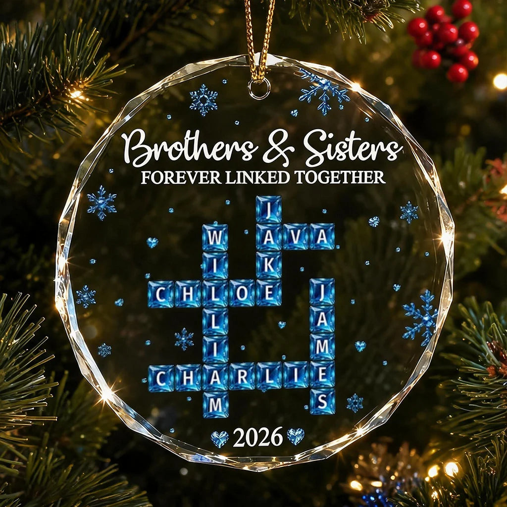 Personalized Crystal Ornament, Blue Snowflake Family Crossword on Christmas Tree, Unique Gift for Siblings