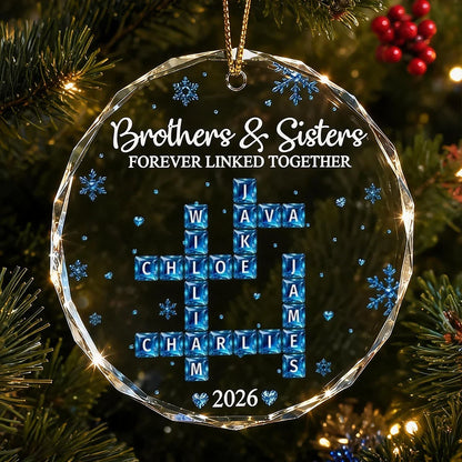Personalized Crystal Ornament, Blue Snowflake Family Crossword on Christmas Tree, Unique Gift for Siblings
