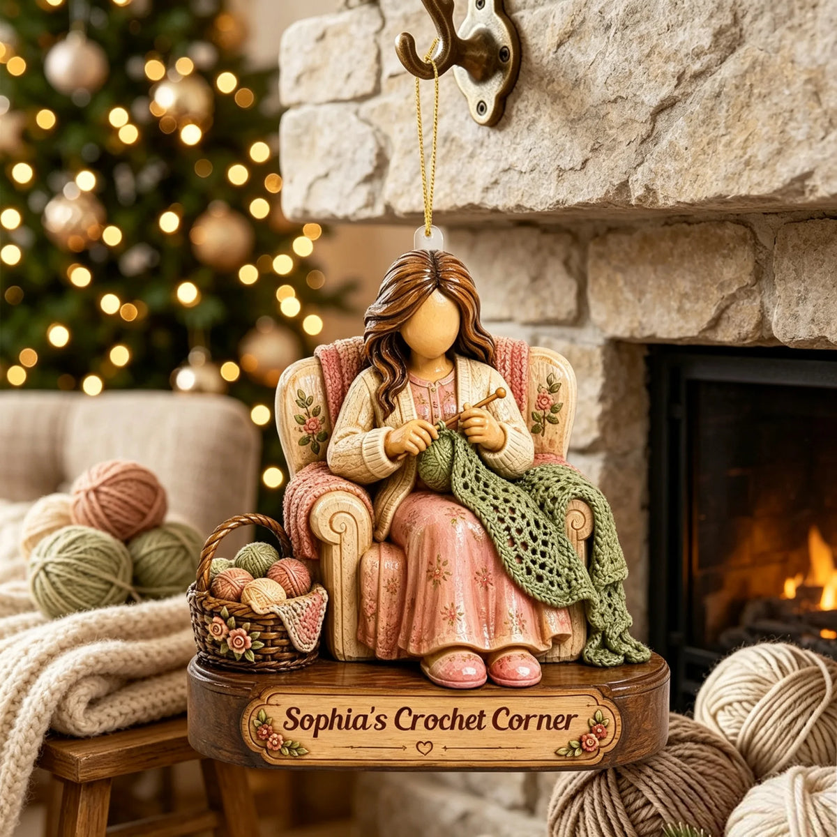 Personalized Acrylic Ornament with Woman Crocheting, Unique Christmas Gift for Yarn Lovers