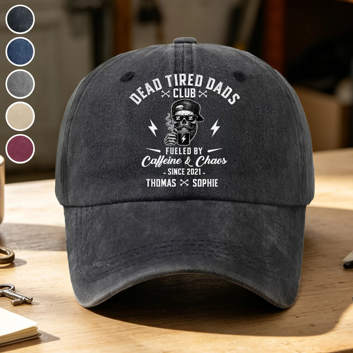 Personalized Washed Denim Baseball Cap for Dad, Dead Tired Dads Club Coffee Graphic, Unique Gift