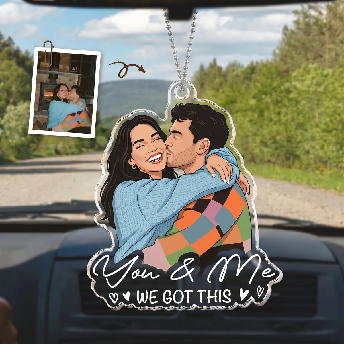 Personalized Acrylic Car Hanger With You & Me Couple Portrait, Unique Creative Gift For Anniversary Drives
