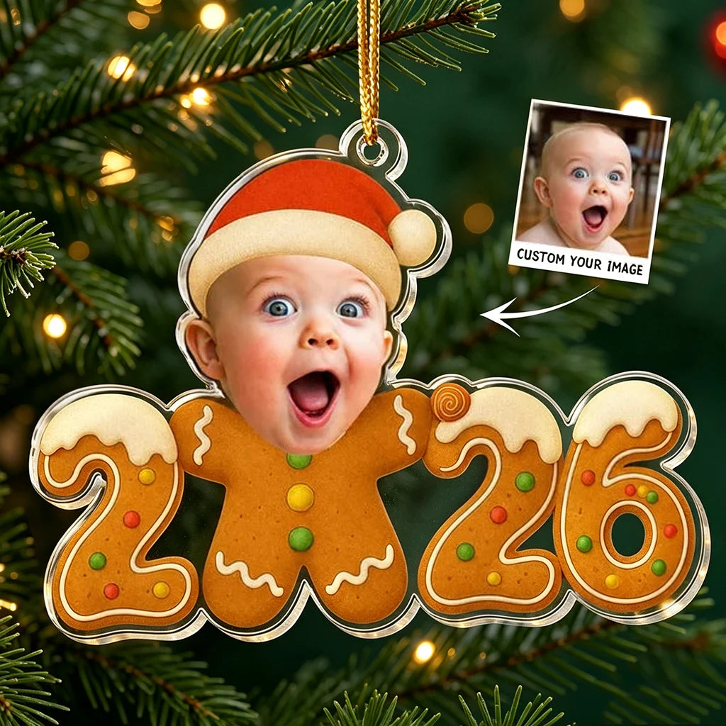 Personalized Acrylic Ornament, Joyful Baby Gingerbread Design by Christmas Tree, Unique Gift for New Parents