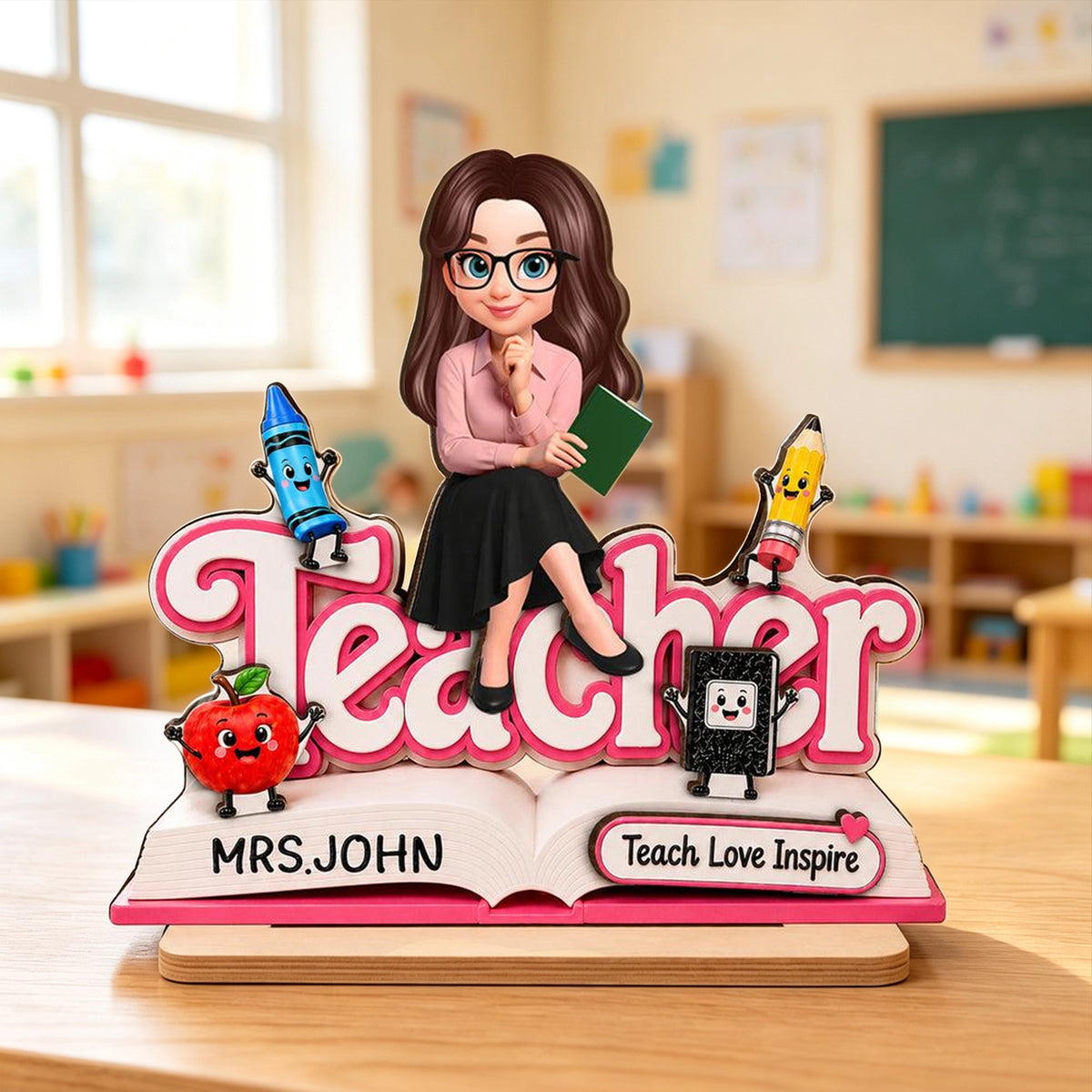 Custom 2-Layer Wooden Plaque, Cute Cartoon Teacher With Book, Creative Gift for a Caring Educator